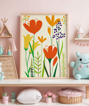 Bright Floral Illustration with Orange, Yellow, and Purple Flowers in Bold Colors