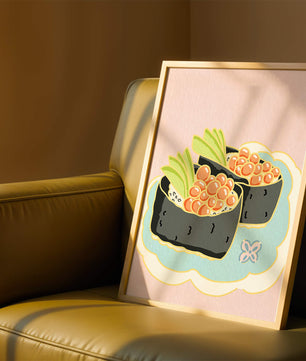Illustration of sushi rolls with fish roe and avocado on a pastel background
