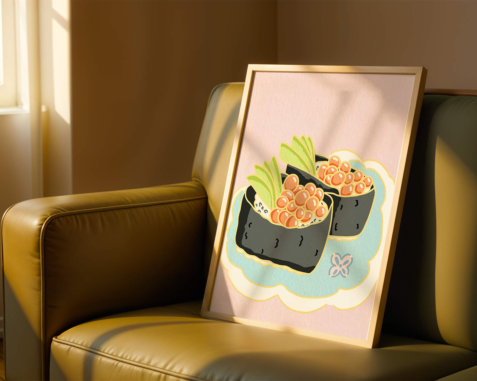 Illustration of sushi rolls with fish roe and avocado on a pastel background