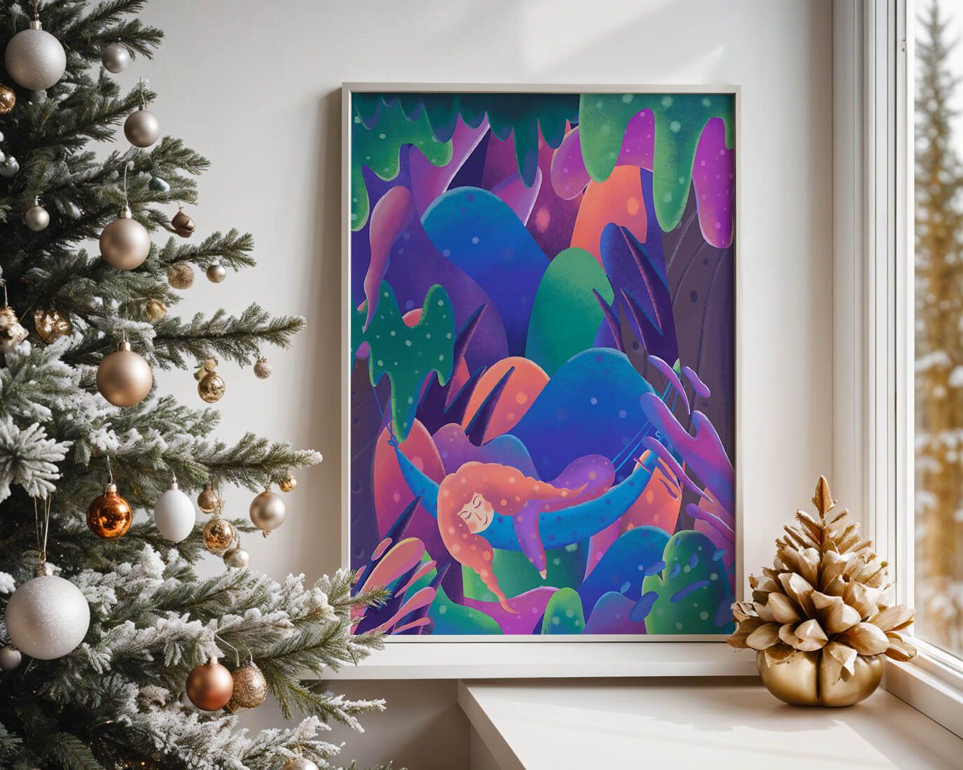 Selva surrealista onírica con mujer dormida