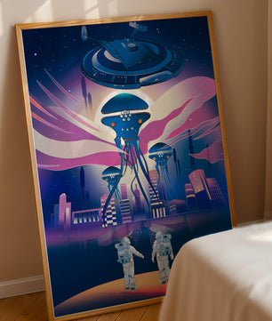 Futuristic Space City With Alien Creatures and Astronauts