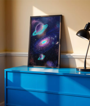 Colorful space illustration with planets and galaxy