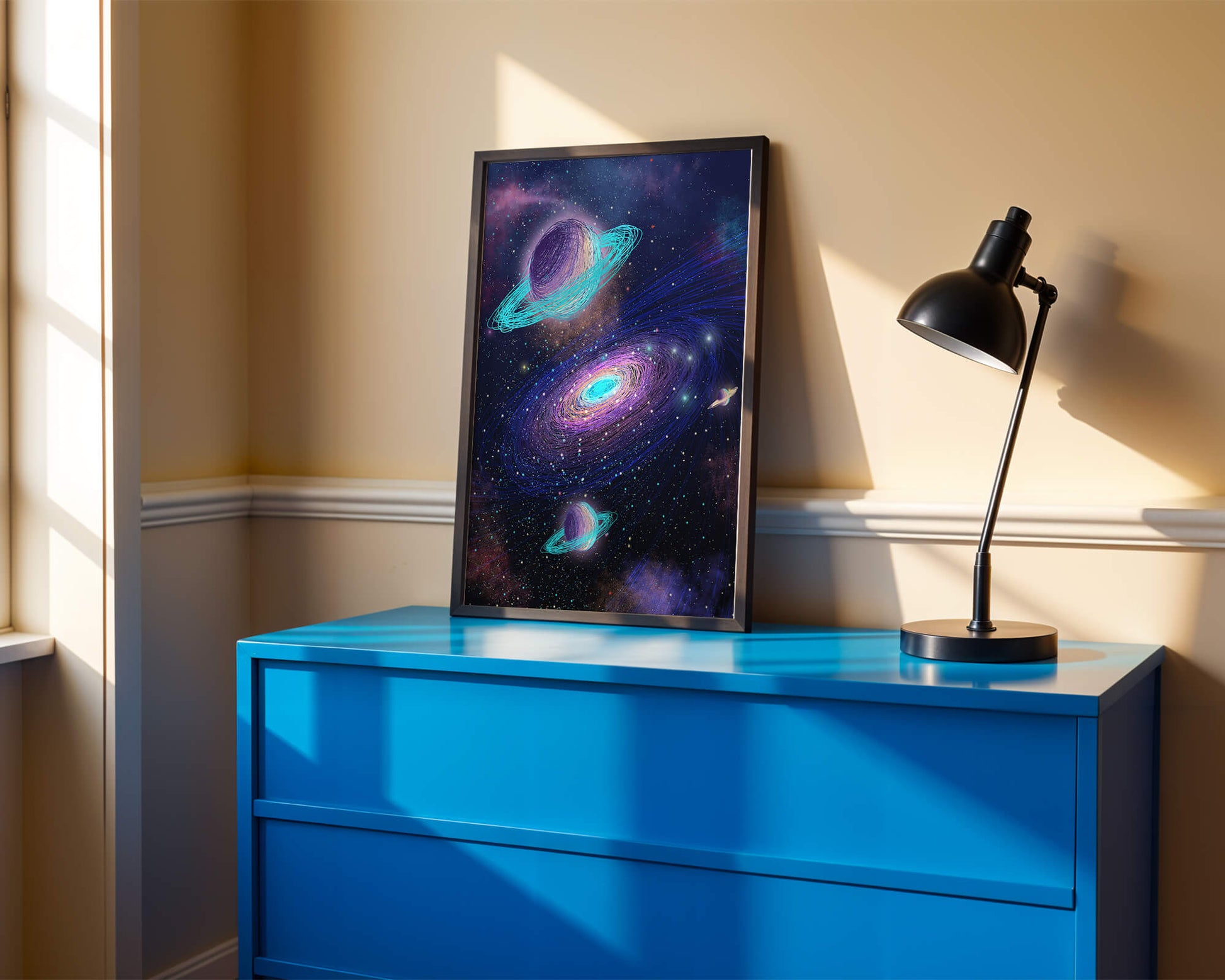 Colorful space illustration with planets and galaxy