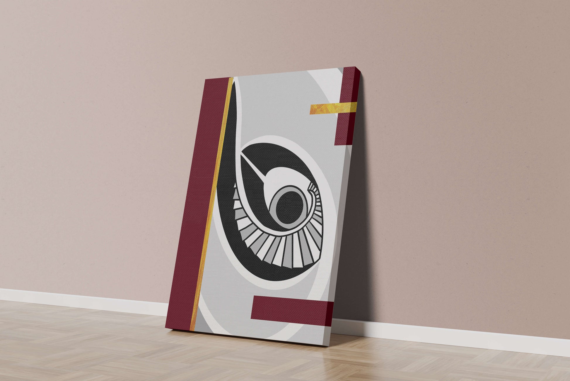 Arte geométrico abstracto con motivo de ojo y detalles dorados