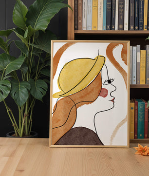 Retrato de línea moderna de una mujer con sombrero y colores vibrantes