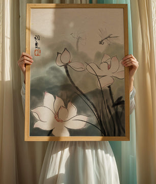 Delicate watercolor of lotus flowers with dragonfly in serene atmosphere