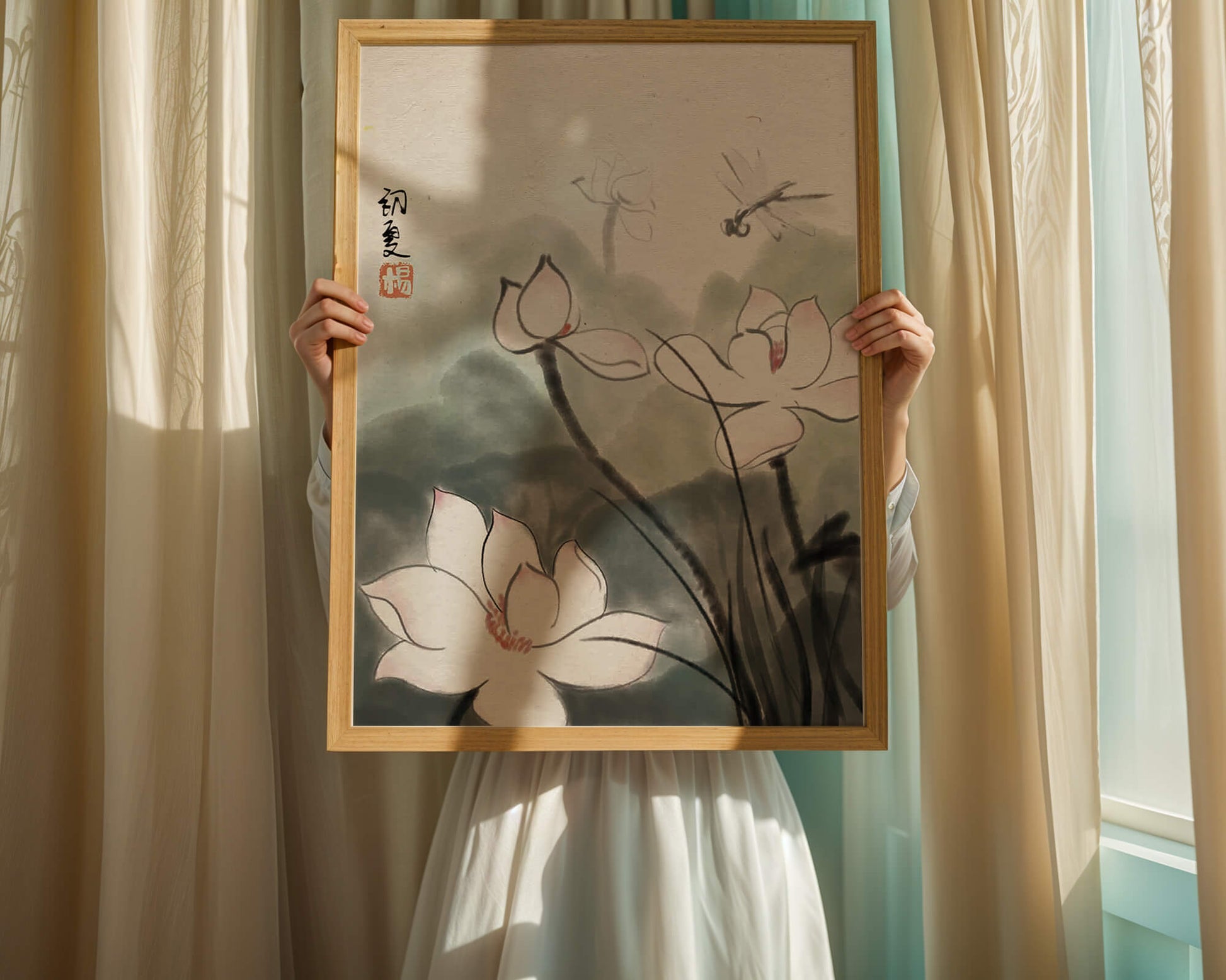 Delicate watercolor of lotus flowers with dragonfly in serene atmosphere
