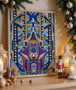 Arte tribal abstracto geométrico con patrones simétricos en azul y naranja