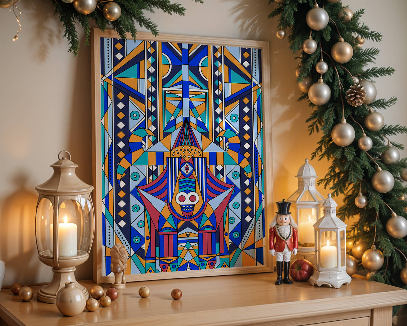 Arte tribal abstracto geométrico con patrones simétricos en azul y naranja