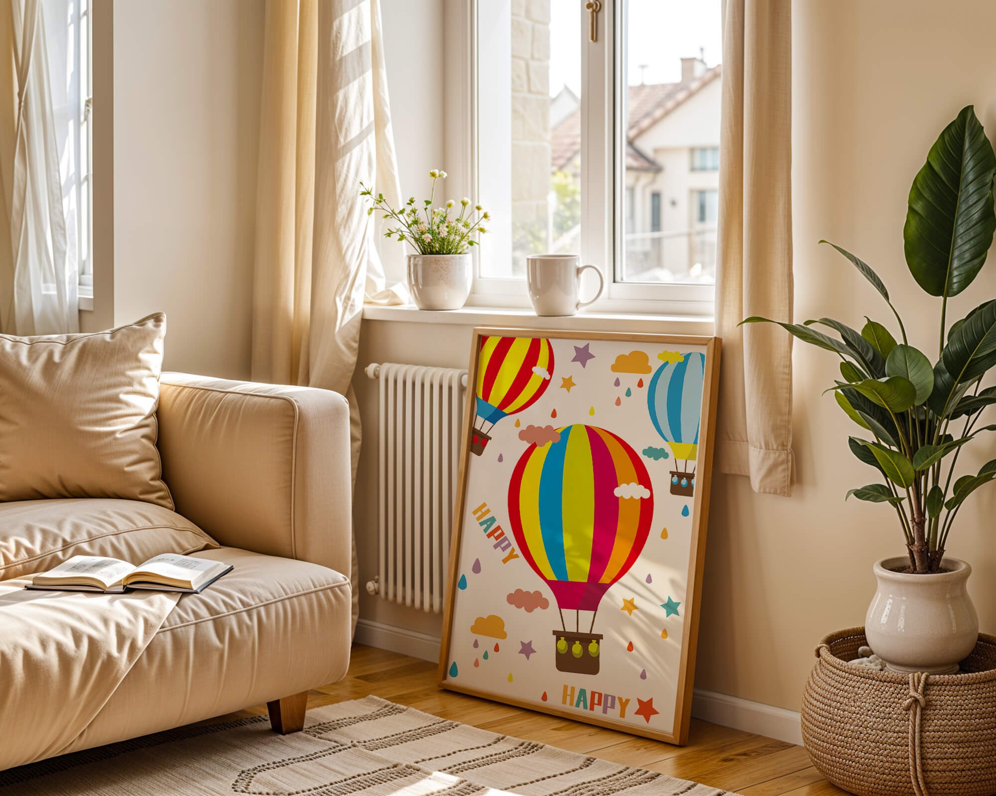 Colorful hot air balloons and happy clouds illustration