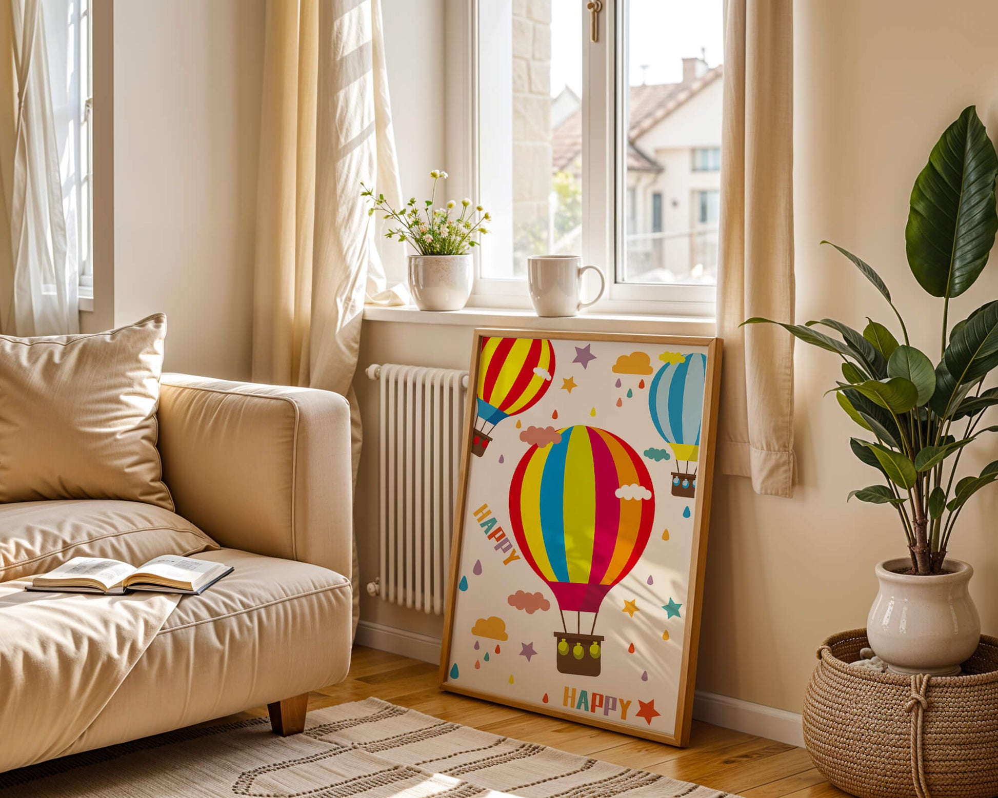 Colorful hot air balloons and happy clouds illustration