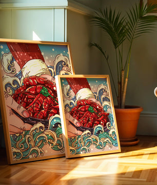 Colorful Cartoon Illustration of Hand Holding Crawfish Over Decorative Waves