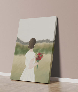 Woman in White Dress Holding Bouquet Facing Nature