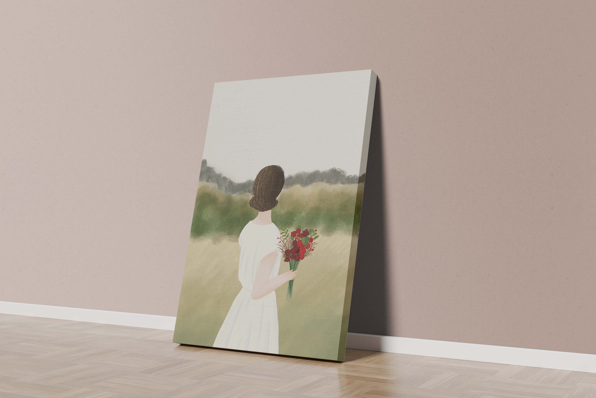 Woman in White Dress Holding Bouquet Facing Nature