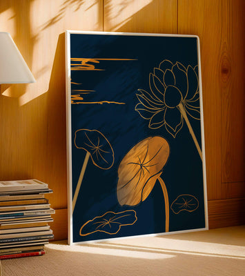 Golden Lotus Flowers in Abstract Night Sky