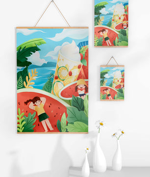 Paysage estival coloré avec des fruits tropicaux et des enfants qui se détendent
