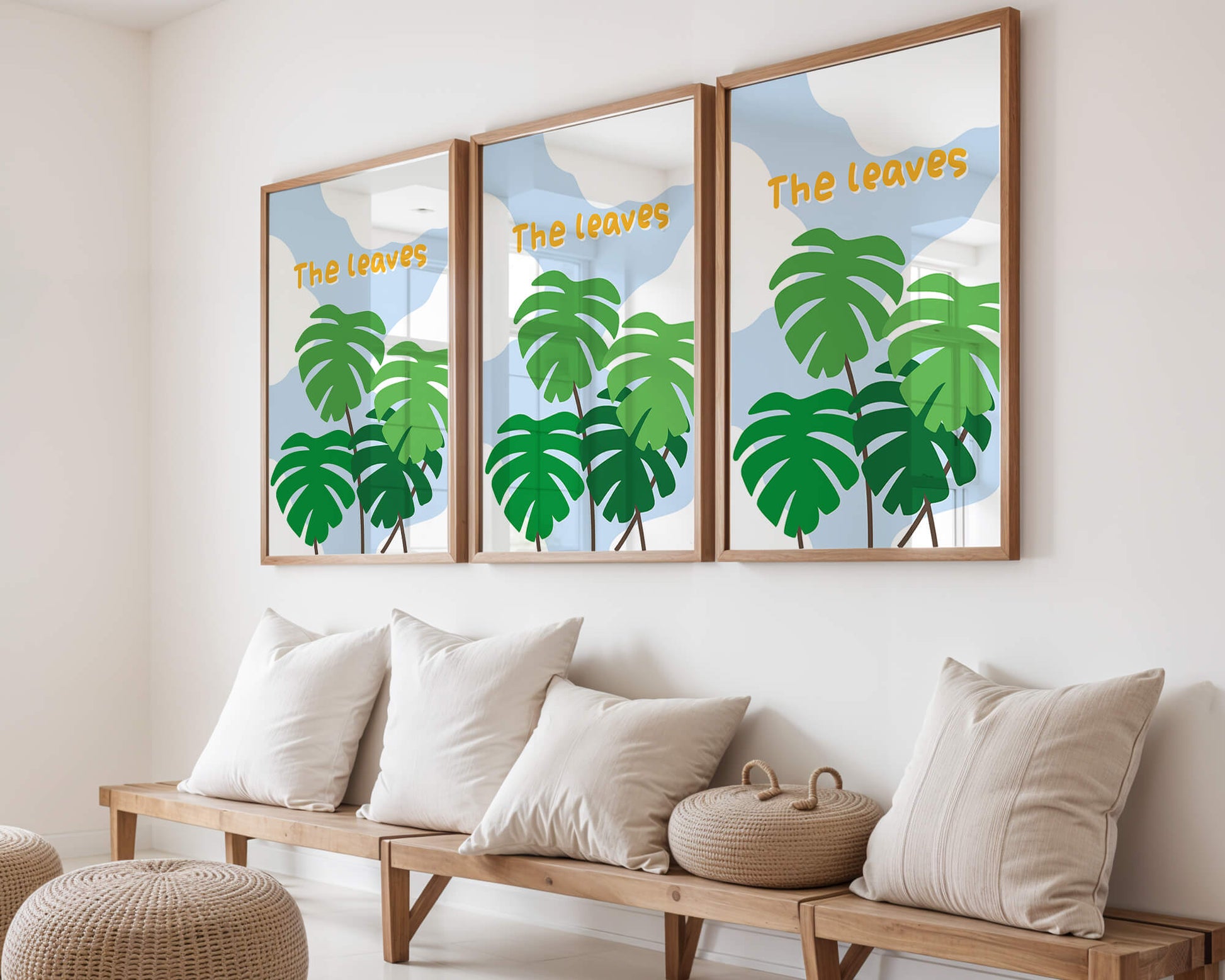 Illustrative tropical leaves with blue sky background for home decor