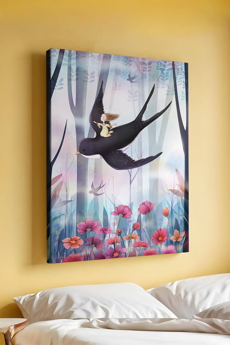 Enchanted forest with girl riding bird among vibrant flowers