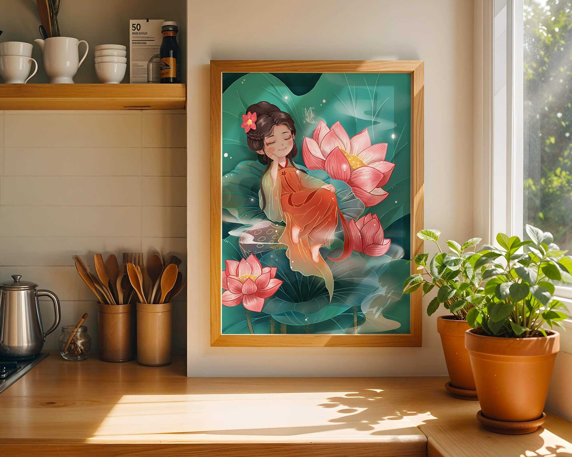 Charming illustration of a girl resting amidst lotus flowers