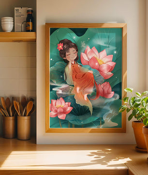 Charmante illustration d'une fille se reposant parmi des fleurs de lotus