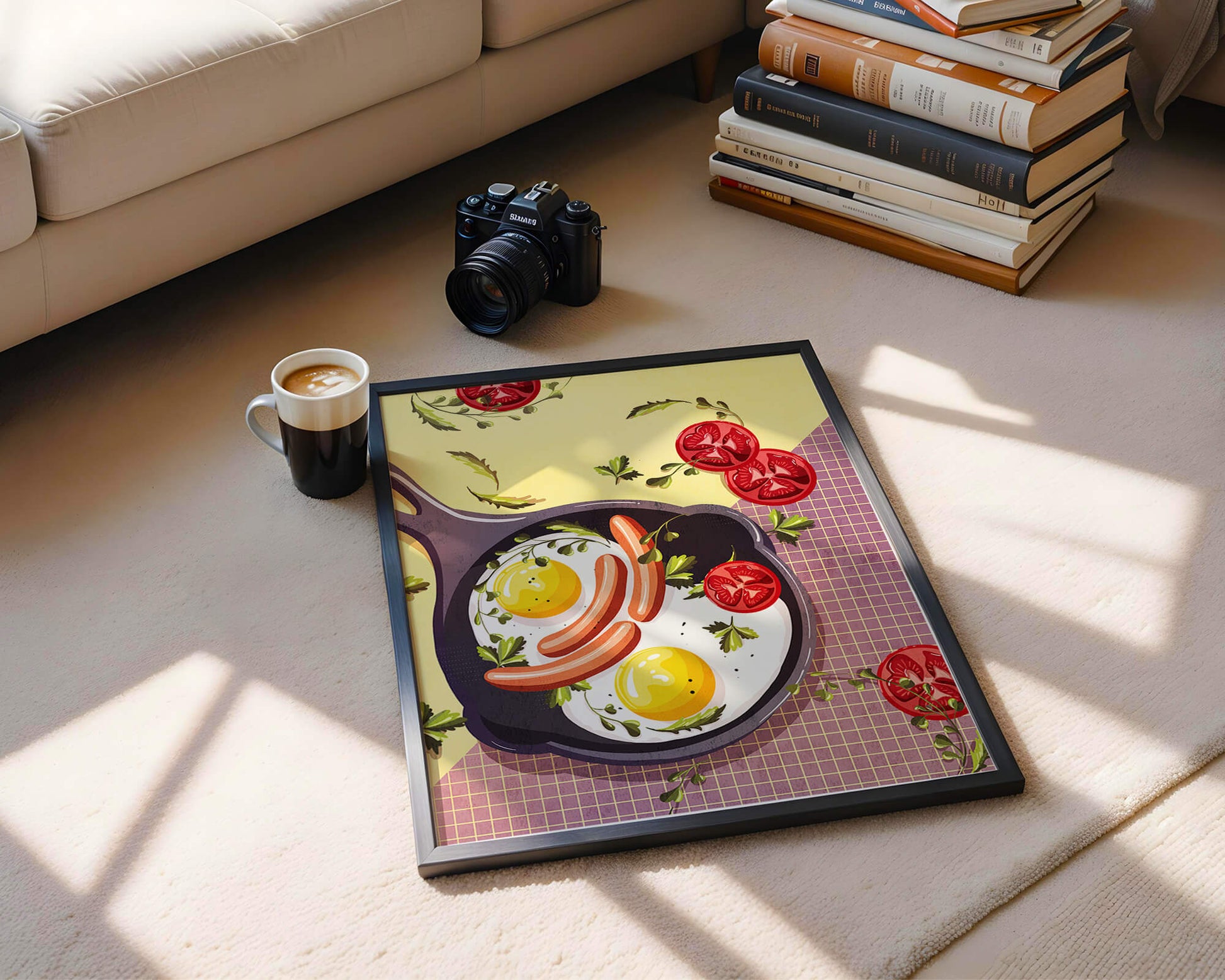 Fried Eggs and Sausages in Pan with Tomatoes and Herbs on Colorful Background