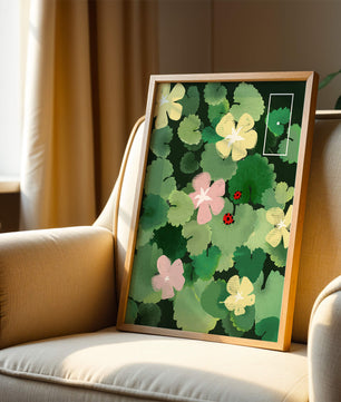 Colorful floral illustration with ladybugs in a lush garden setting