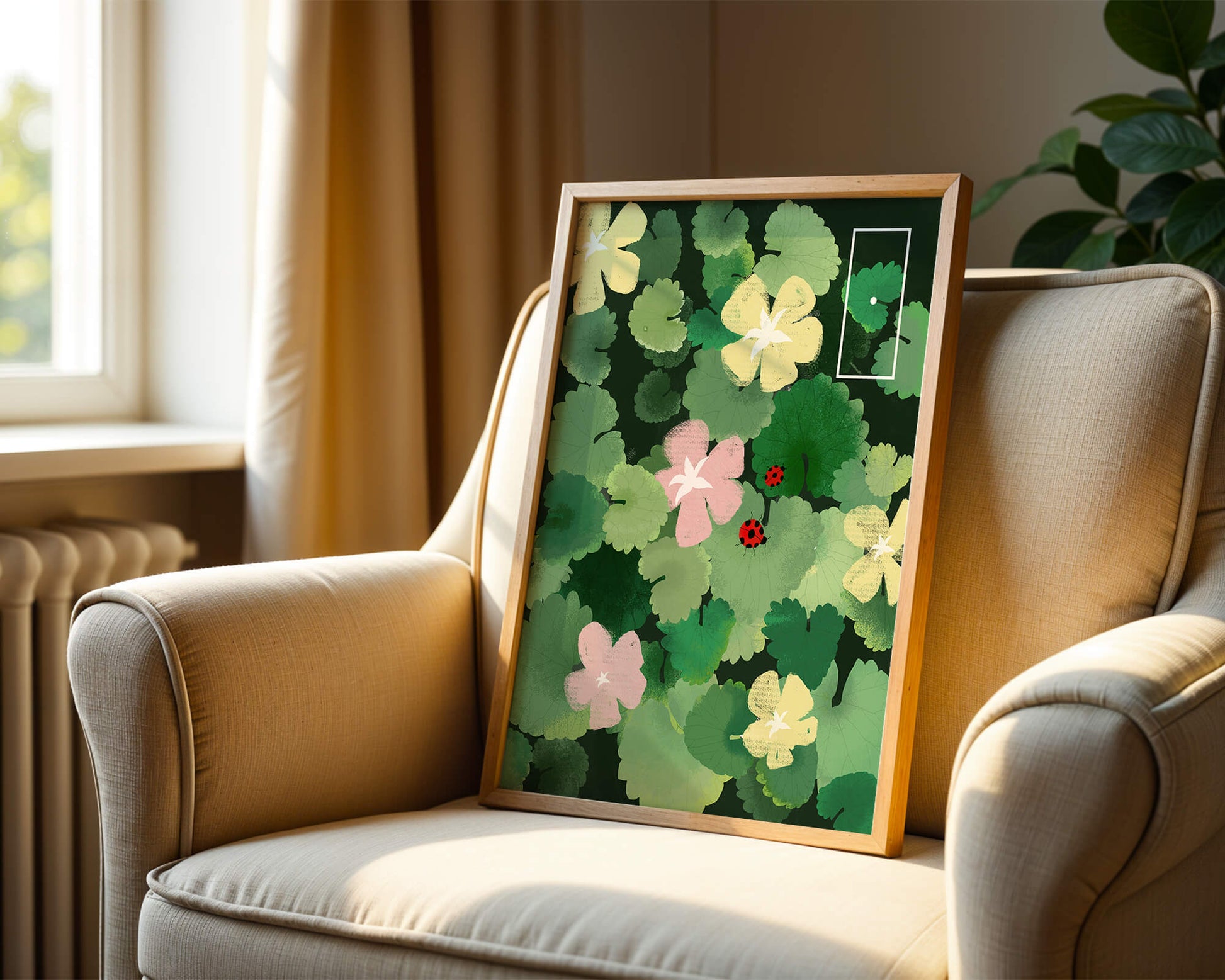 Colorful floral illustration with ladybugs in a lush garden setting