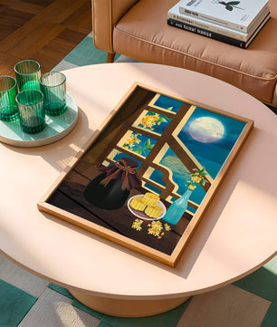 Noche iluminada por la luna con pasteles de luna y decoración floral sobre una mesa de madera