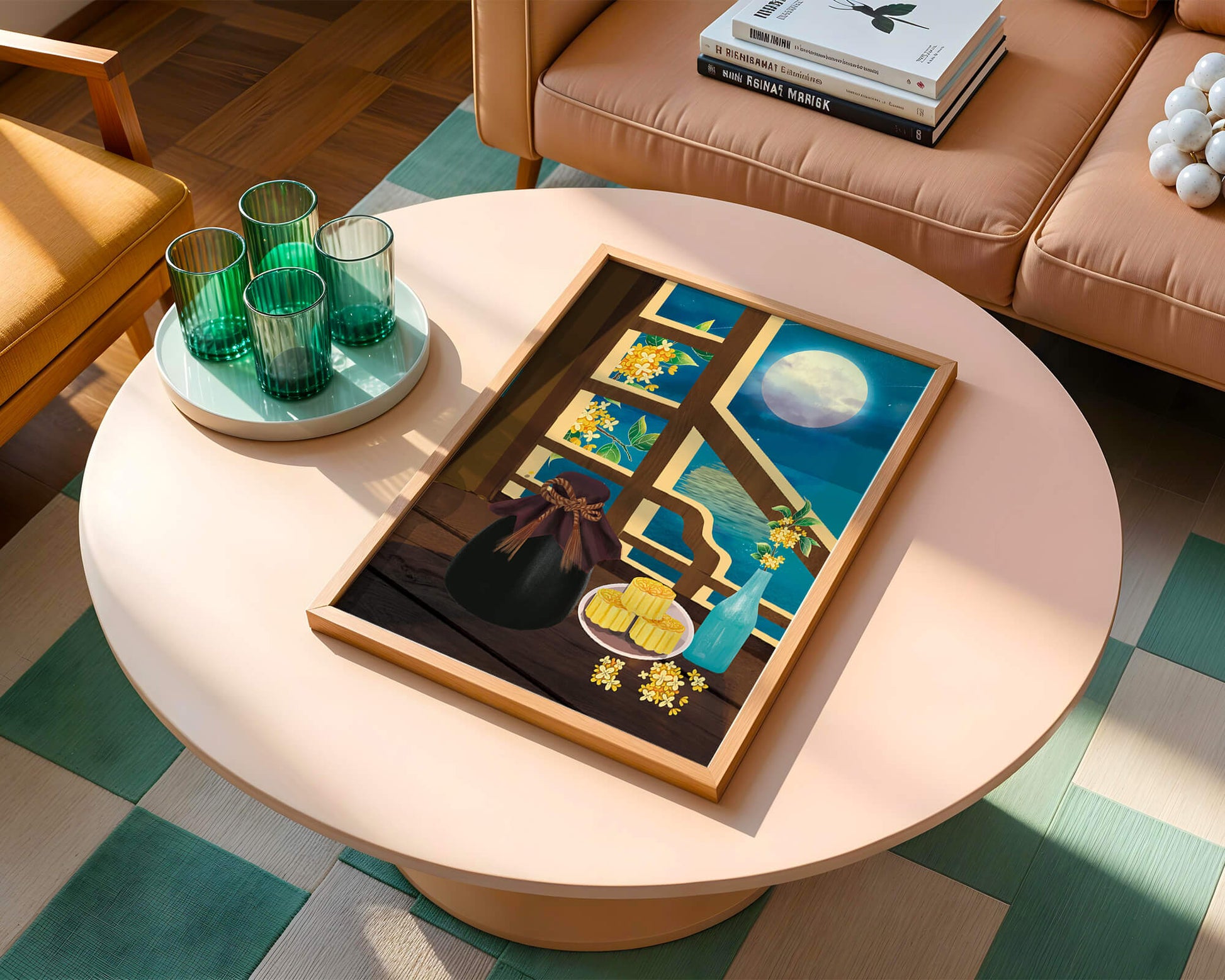 Noche iluminada por la luna con pasteles de luna y decoración floral sobre una mesa de madera