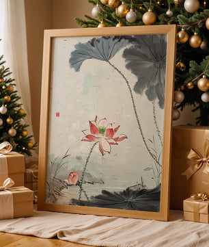 Aquarell Lotusblüte mit Seerosenblättern in ruhiger Szene
