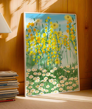 Frühlingwiese mit blühenden gelben und weißen Blumen