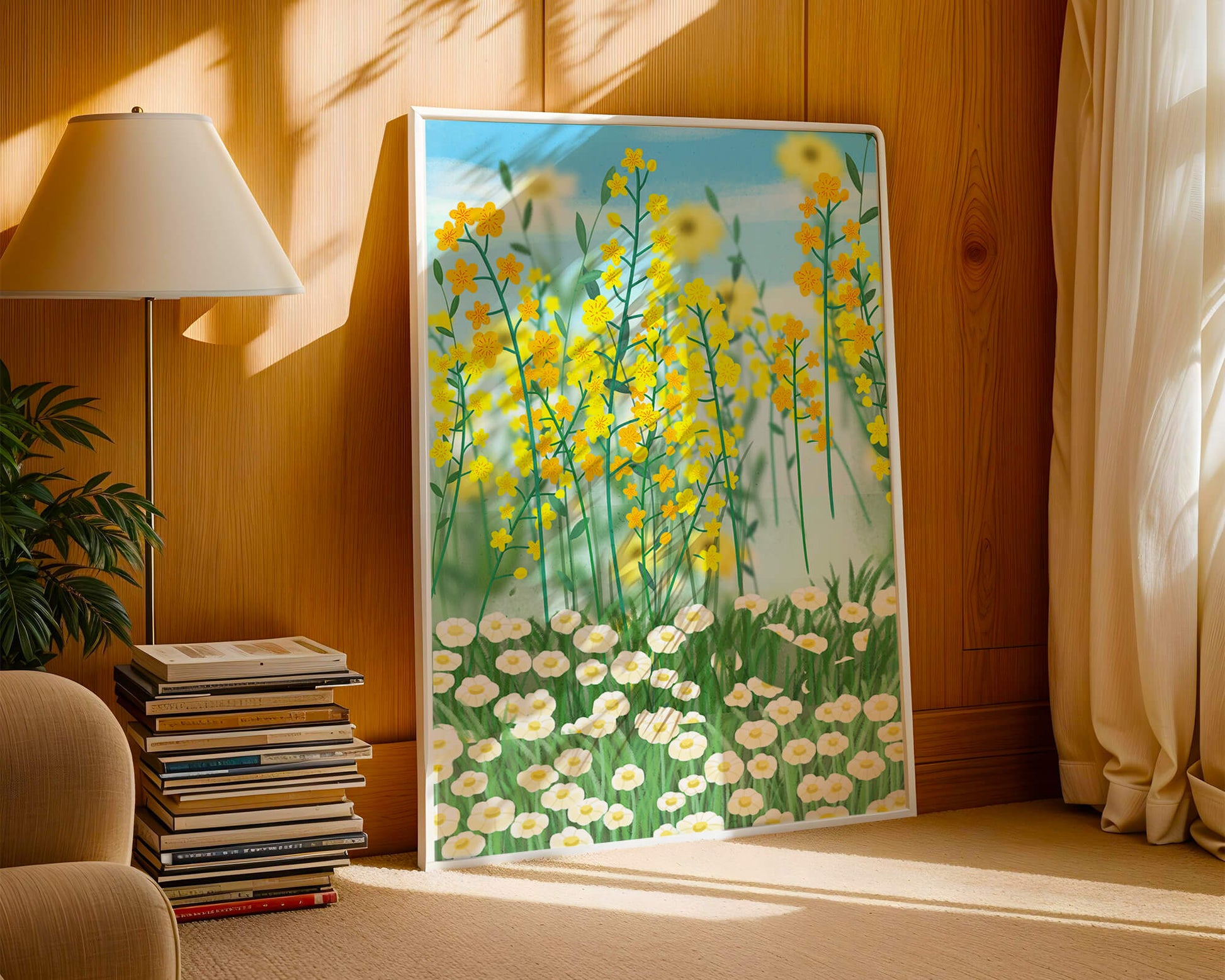 Springtime Meadow With Blooming Yellow And White Flowers