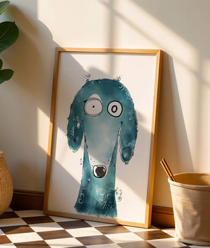 Illustration fantaisiste d’un chien bleu aux traits expressifs