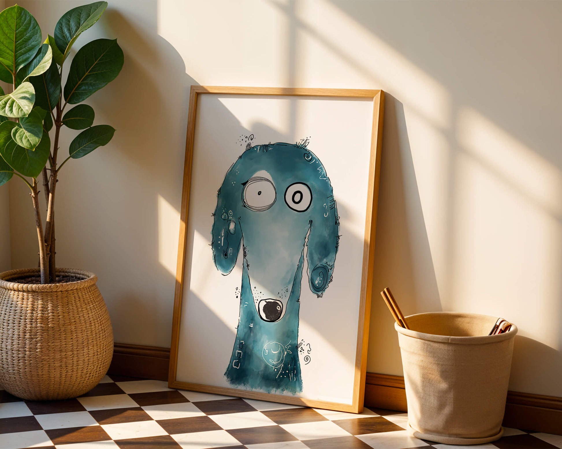 Whimsical blue dog illustration with expressive features