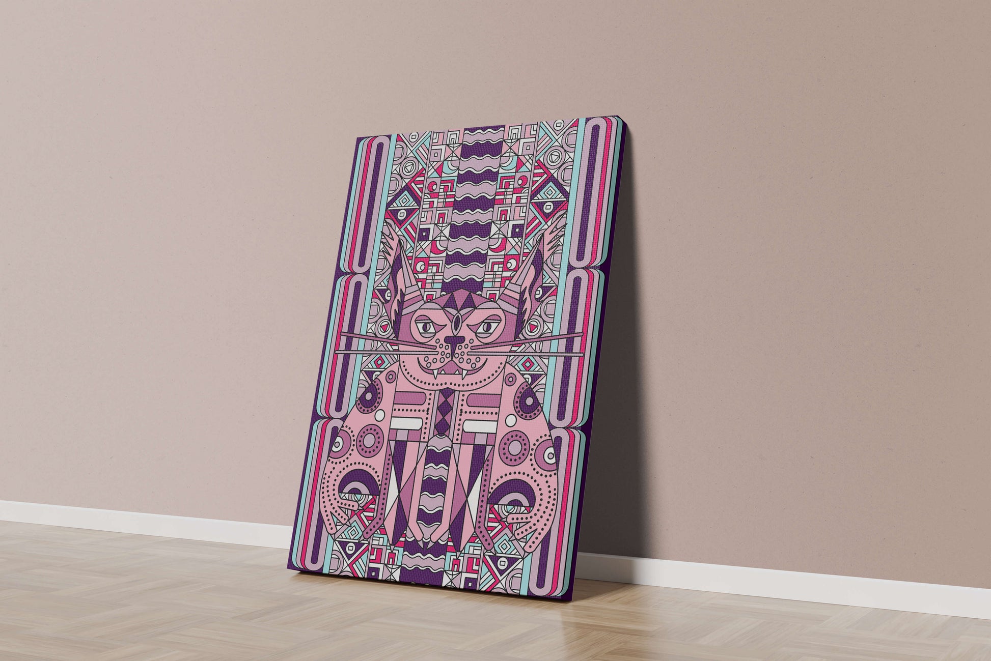 Art de chat géométrique coloré avec motifs abstraits en tons pastel