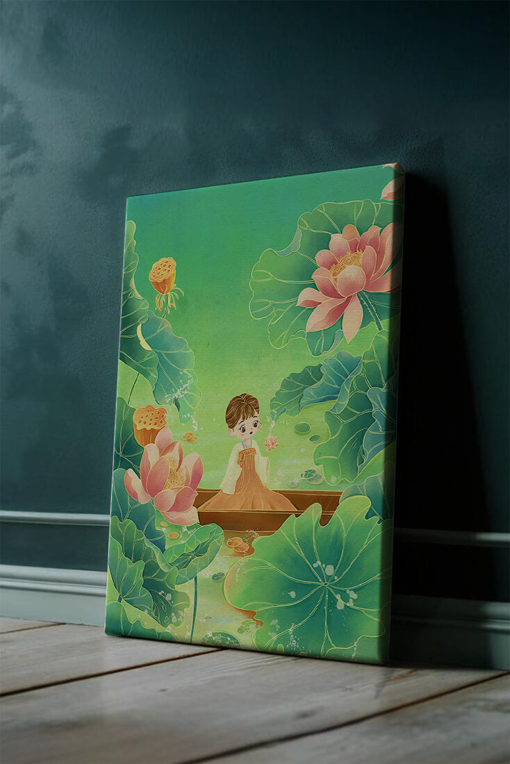 Serene illustration with girl among lotus flowers and green leaves