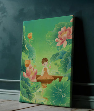 Serene illustration with girl among lotus flowers and green leaves