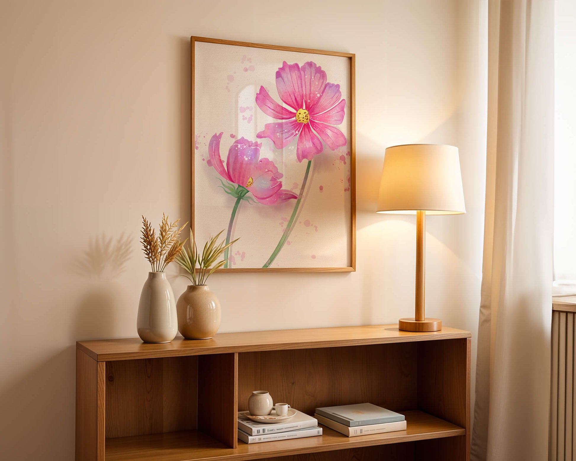 Flores delicadas en acuarela rosada con salpicaduras artísticas en lienzo