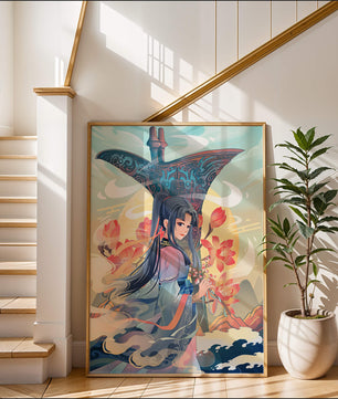 Art fantastique élégant : femme en tenue traditionnelle avec fond floral