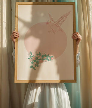 Pájaro pastel con elementos florales en estilo minimalista