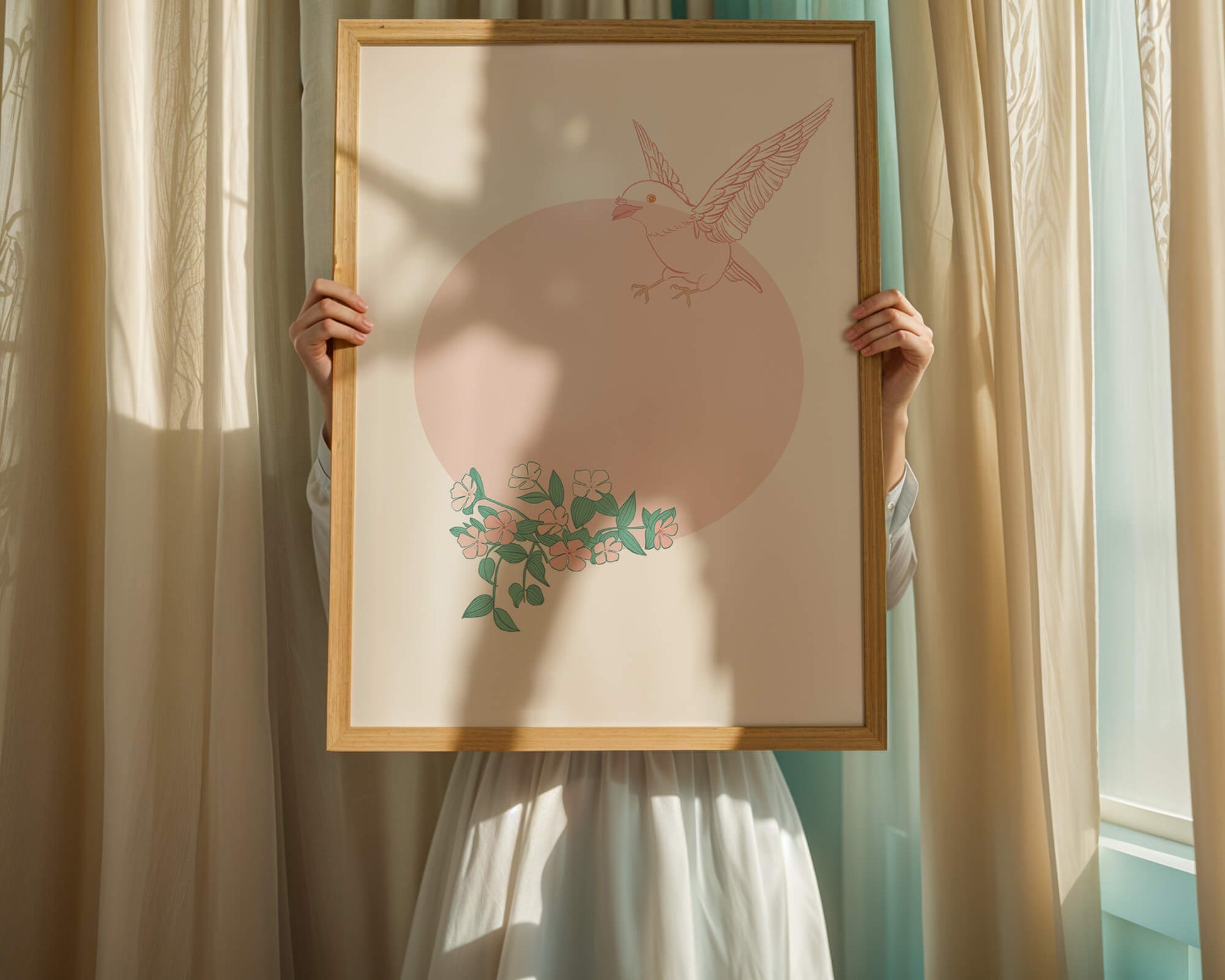 Pájaro pastel con elementos florales en estilo minimalista