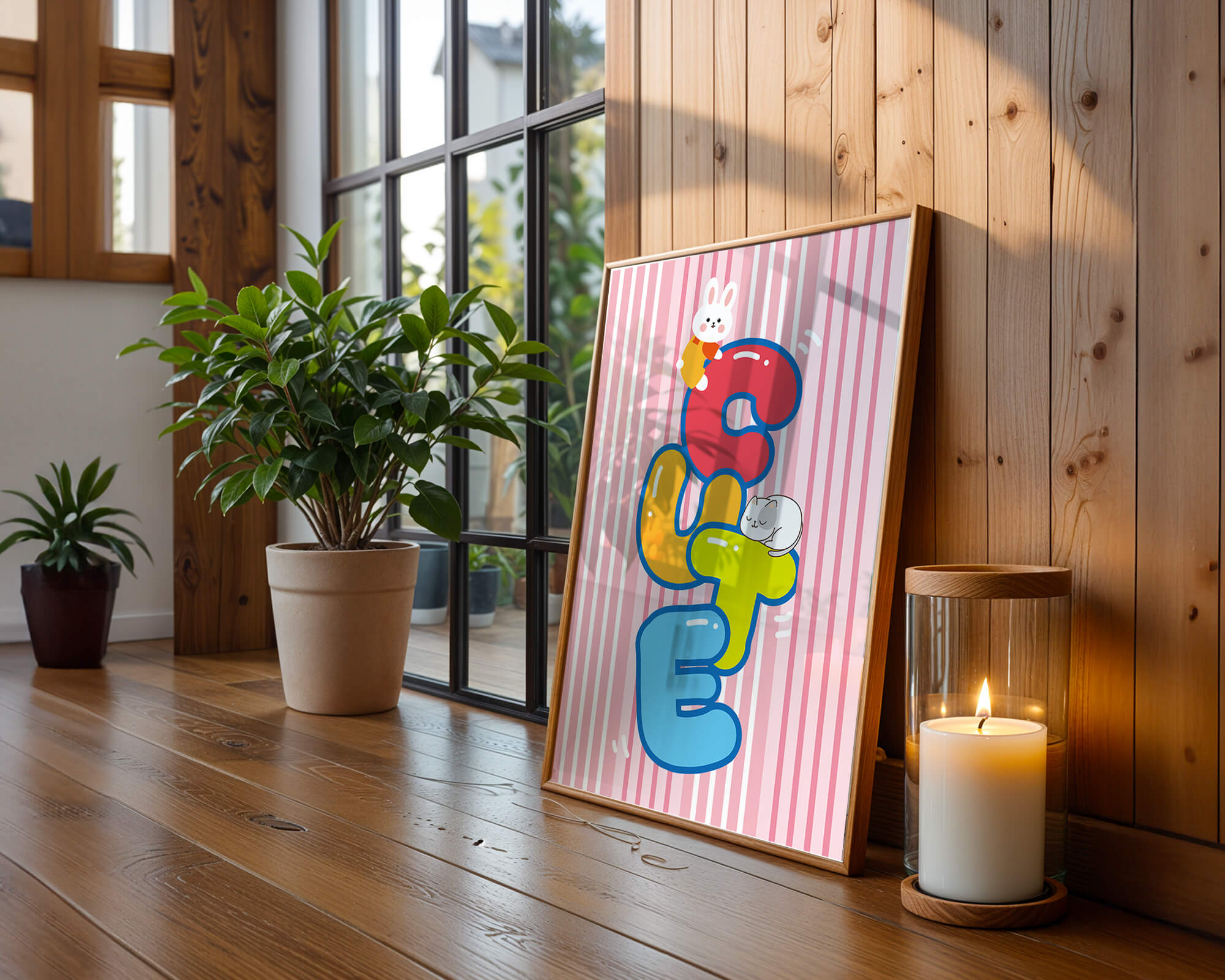 Playful cute illustration with bunny and kitten on colorful letters