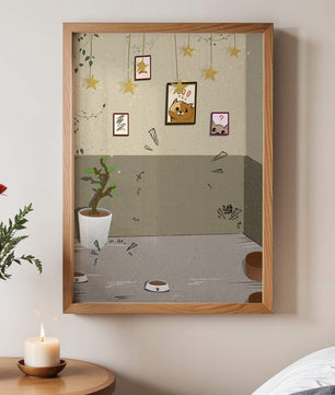 Habitación acogedora con decoraciones de estrellas y obra de arte de gatos