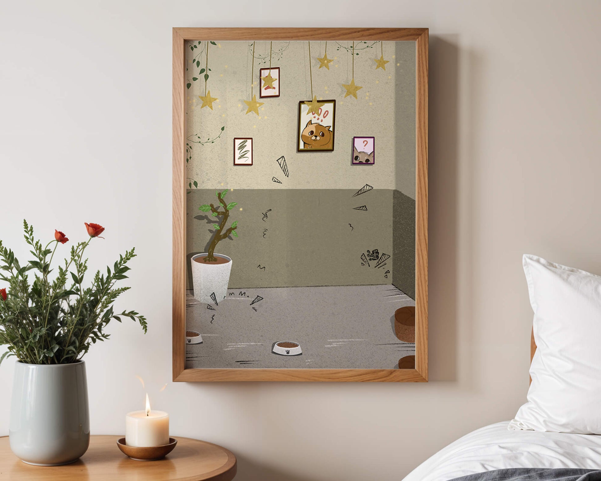 Cozy Room with Star Decorations and Cat Artwork