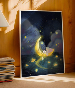 Whimsical night scene with child and cat on crescent moon