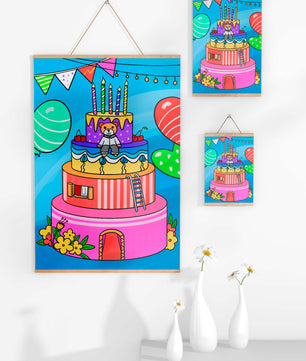 Colorful birthday cake with teddy bear and festive decorations