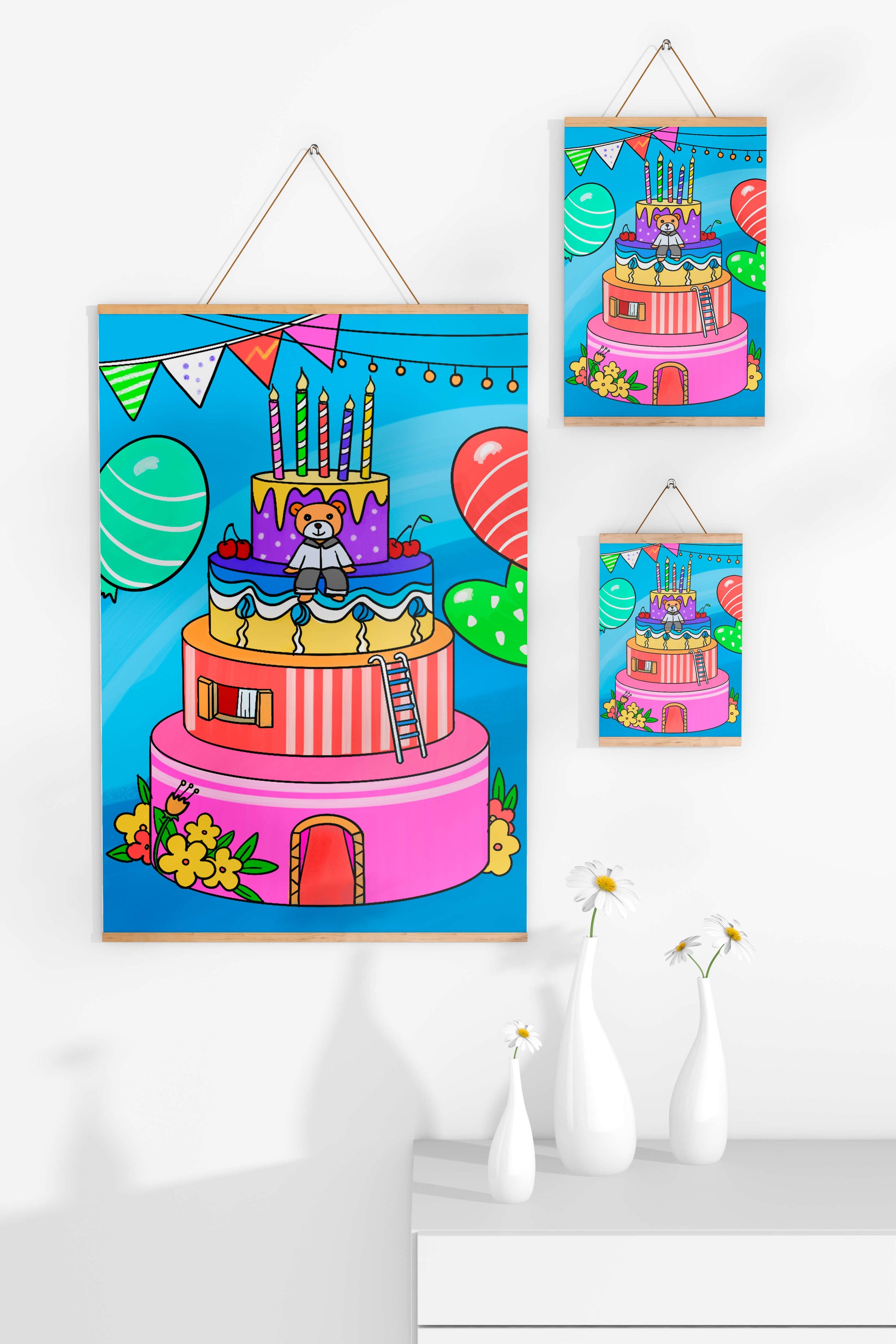 Colorful birthday cake with teddy bear and festive decorations