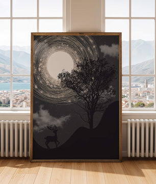 Verzauberte Nachtszene mit Hirschsilhouette und leuchtendem Mond