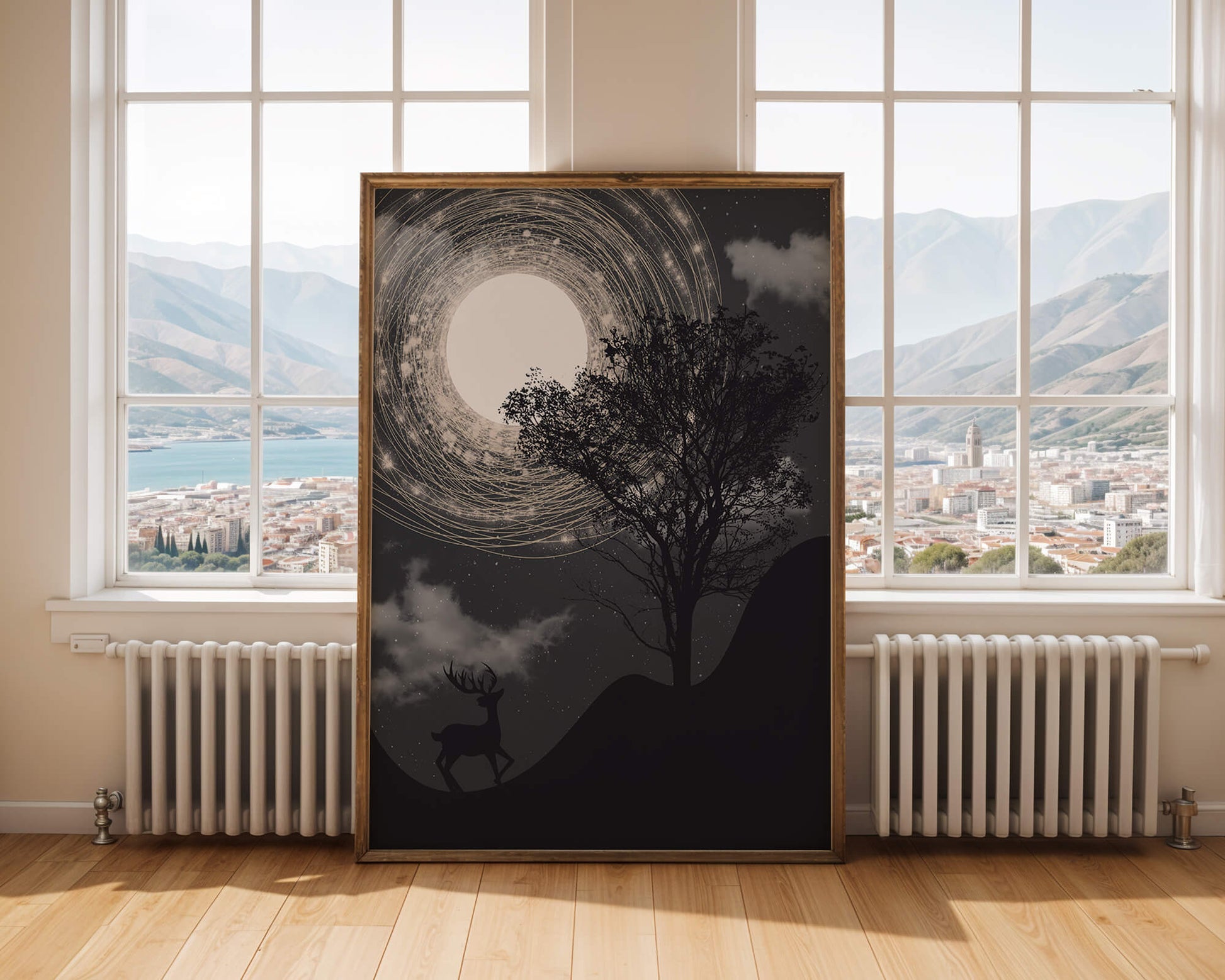 Enchanted night scene with deer silhouette and glowing moon