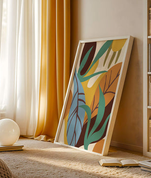 Abstract botanical design with colorful leaves and organic shapes